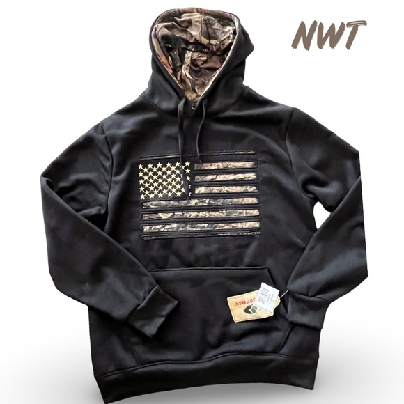 Mossy Oak Performance Fleece Men's Hoodie Black Camo USA Flag Size Medium - Picture 3 of 13